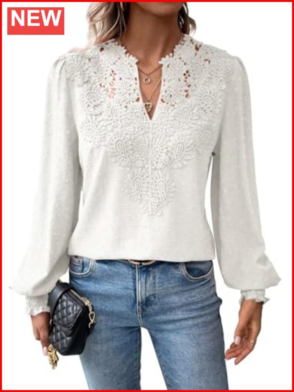 Women's Boho Lace V-Neck Ruffle Long Sleeve Blouse
